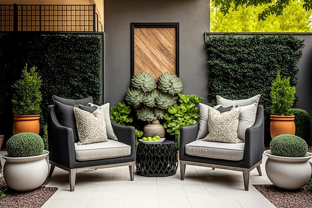 Cómodos sillones de diseño en un patio moderno con plantas a lo largo del perímetro creado con un generativo