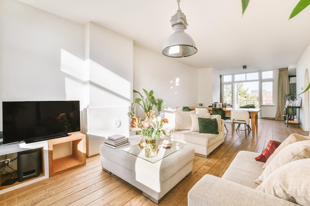 Cómodos sofás con cojines suaves y una mesa con jarrón cerca de la televisión con zona de comedor en un amplio y luminoso salón