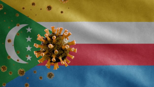 Comoras ondeando la bandera y el virus del microscopio coronavirus