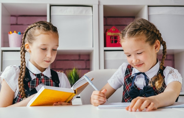 Las compañeras de clase hacen la tarea juntas Una niña lee un libro otra niña escribe un ejercicio