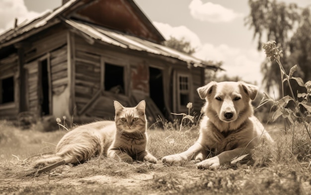 Compañerismo atemporal La vida rural de un perro y un gato