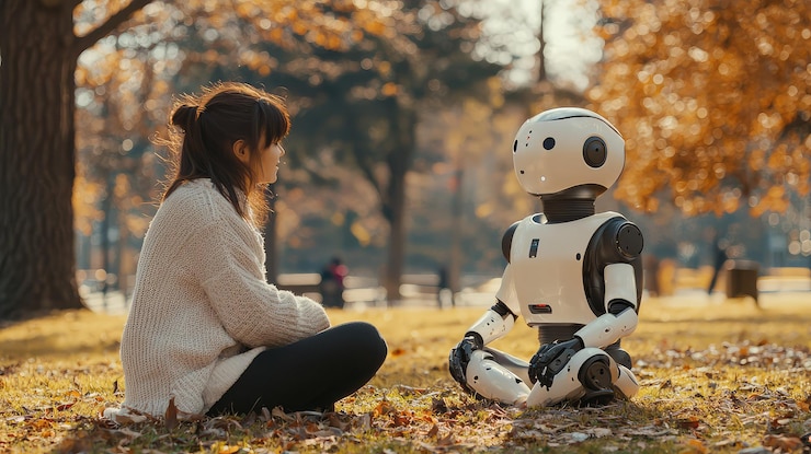 Foto el compañero compasivo del robot en la naturaleza