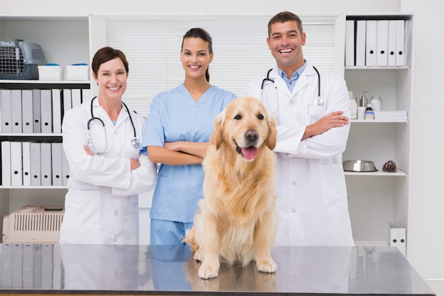 Compañero de trabajo veterinario sonriendo a la cámara con perro