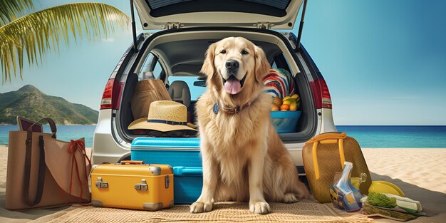 Foto compañero de viaje golden retriever perro en el maletero del coche listo para la aventura