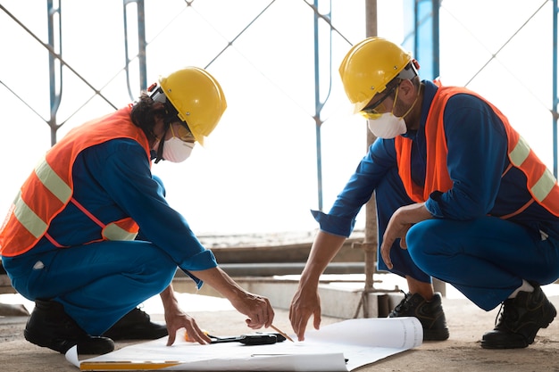 Foto compañeros con equipo de seguridad que trabajan con planos