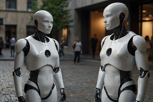 Foto compañeros de ia que navegan por las calles de la ciudad con inteligencia artificial