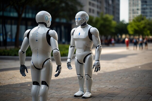 Foto compañeros de ia que navegan por las calles de la ciudad con inteligencia artificial