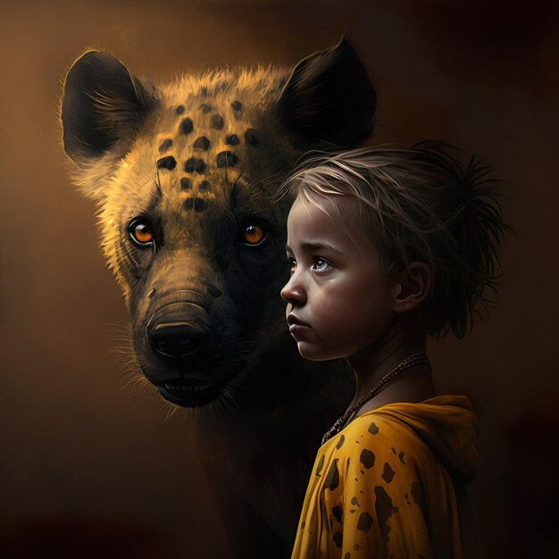Foto compañeros salvajes un retrato realista de niña y hiena ai generado