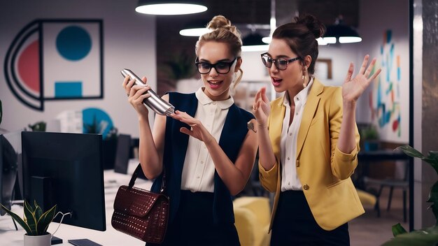 Foto compañeros de trabajo con estilo mostrando gadgets entre sí