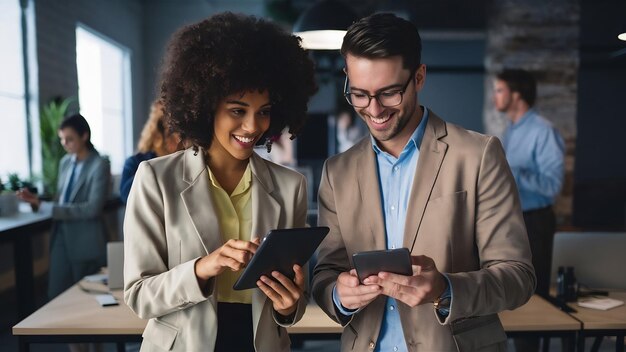 Foto compañeros de trabajo con estilo mostrando gadgets entre sí