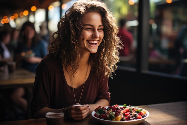 Compañeros de trabajo felices eligen acai saludable en el almuerzo generative IA