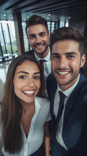 Foto compañeros de trabajo felices tomando selfies en la oficina