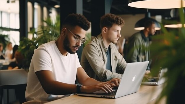 compañeros de trabajo masculinos multirraciales centrados en la computadora y escribiendo notas en documentos mientras