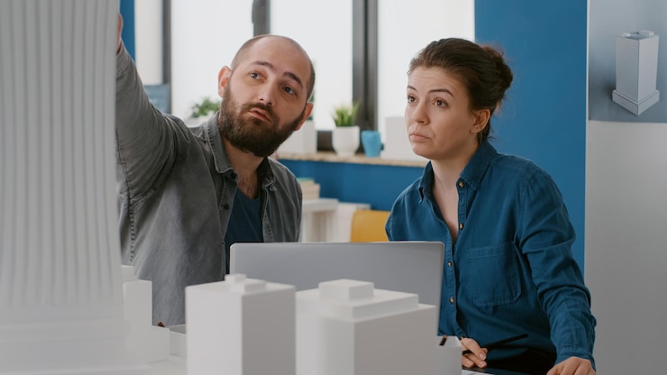 Foto compañeros de trabajo que diseñan el modelo de construcción y la maqueta en la computadora portátil en la oficina de arquitectura. equipo de personas que analizan planos en computadora para planificar el diseño y la estructura de la construcción para el proyecto urbano.