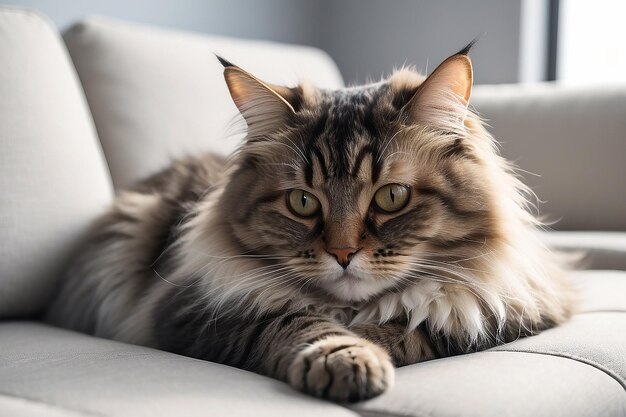 Companheiro felino aconchegante Gato fofinho enrolado em um sofá minimalista IA generativa