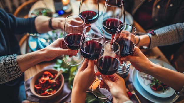 Companheiros alegres tilintando taças de vinho carmesim no grupo de reunião social, desfrutando do almoço no pub, restaurante, estilo de vida, ideia de amigos e conhecidos, jantando e bebendo