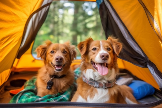 Companheiros caninos de acampamento Dois cachorros aventureiros desfrutando de uma fuga em uma barraca