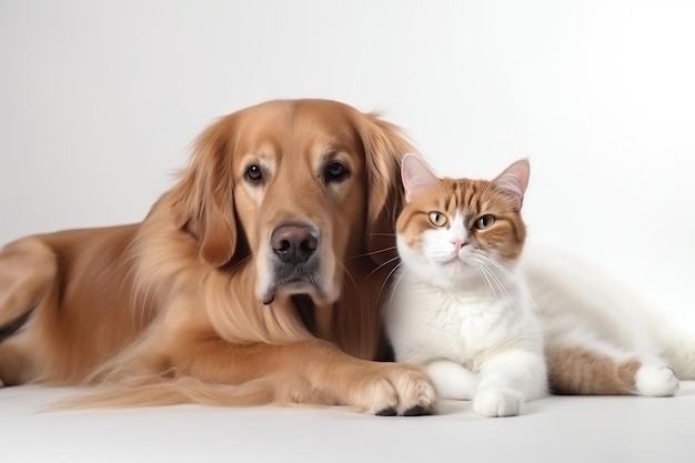 Companheiros improváveis Cão e Gato deitados juntos em frente a um fundo branco