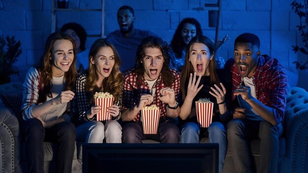 Companheiros multiétnicos engraçados comem pipocas assistem a filmes de terror olham com interesse expressam surpresa