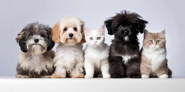 Companheiros peludos gatos e cães bonitos na escola de higiene