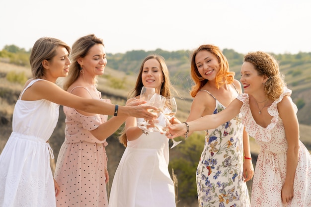 companhia de amigas desfruta de um piquenique de verão e levanta copos com vinho