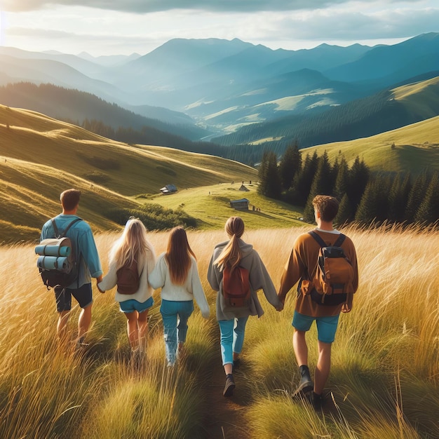 Companhia de amigos viajantes caminhando na colina da montanha com campo de grama