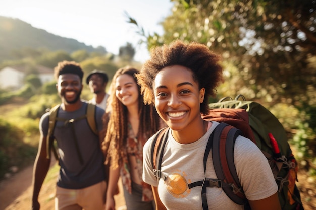 Foto companhia de jovens com mochilas de férias nas montanhas foto de alta qualidade