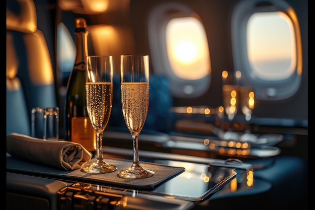 Foto compañía aérea de lujo con un juego de gafas y champán ia generativa
