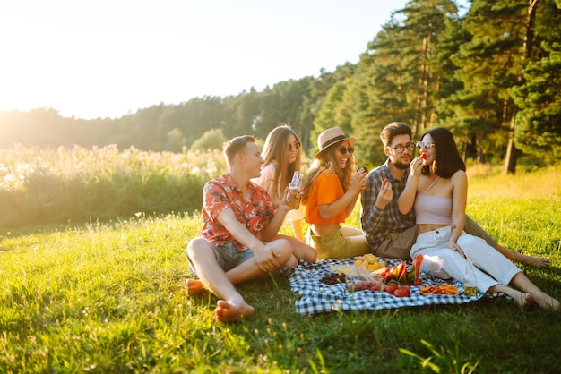 Foto compañía alegre en la pradera soleada en el picnic está descansando bebiendo cerveza saludos concepto de holliday