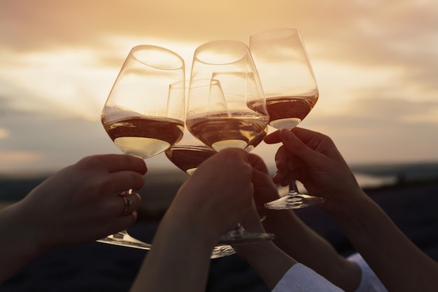 compañía de amigos brindando con copas de vino al atardecer