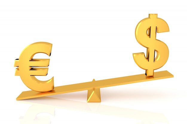 Comparação de dólar e euro. Renderização em 3D.