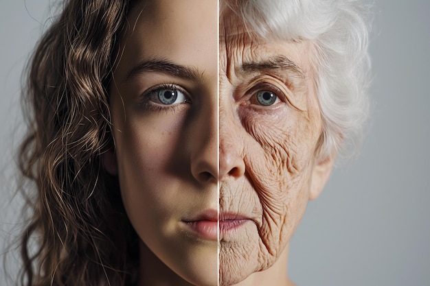 Comparação de jovens e idosos rosto feminino adolescente e mulher velha envelhecimento medo de passar o tempo ciclo de vida feminino fluxo de vida 50 anos de diferença gerações hereditariedade genes o tempo está correndo