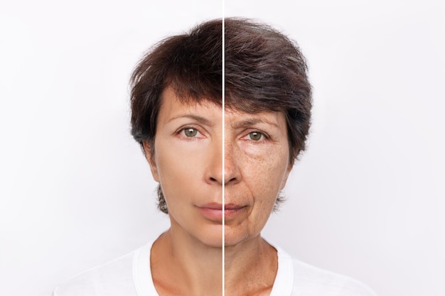 Comparação do rosto da mulher jovem e envelhecida. Juventude, velhice. O processo de envelhecimento e rejuvenescimento