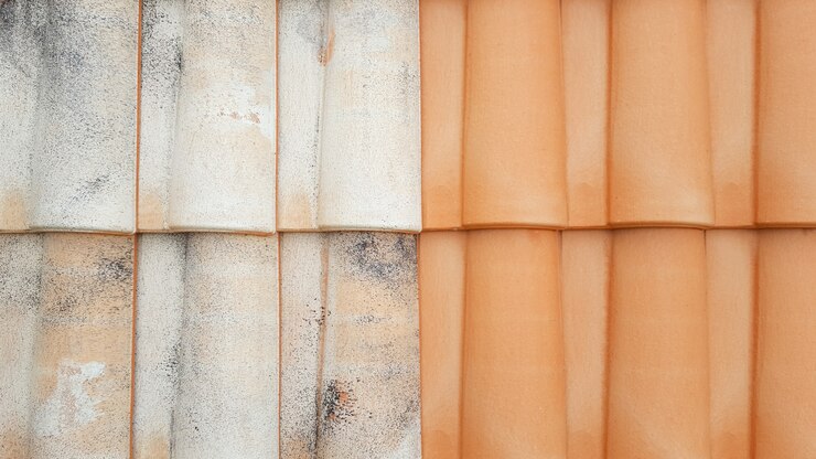 Foto comparação lado a lado de musgo e líquen antes e após o trabalho de limpeza e cobertura