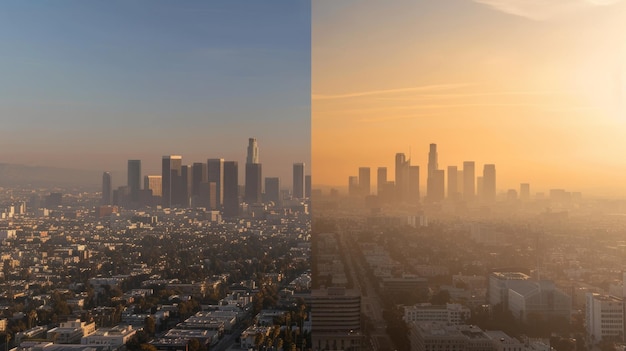 Una comparación antes y después del horizonte de una ciudad con la primera imagen que muestra el smog y la contaminación y