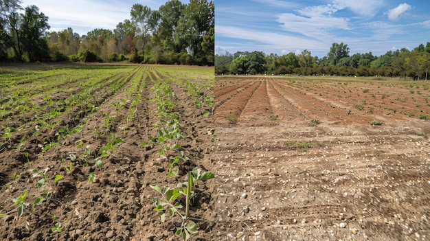 Una comparación antes y después de la misma parcela de tierra en la granja la imagen antes muestra un terreno estéril