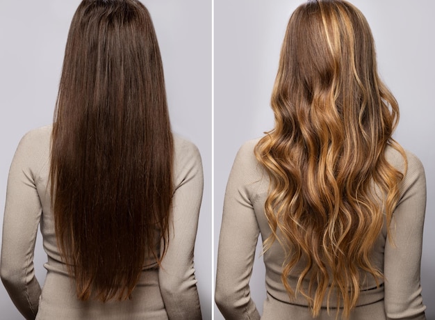 Comparación del cabello femenino después de teñirlo y peinarlo en un salón profesional