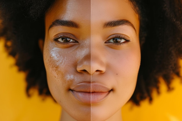 Comparación cara a cara de una mujer con piel mala por un lado y piel clara por el otro