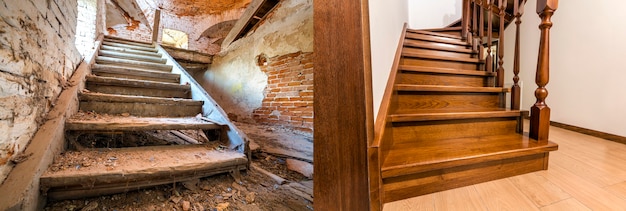 Comparación de la moderna escalera de roble de madera marrón con barandilla tallada en el interior del nuevo apartamento renovado y escaleras antiguas. Antes de la renovación y después del collage de reconstrucción de la casa.