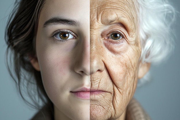 Foto comparación de rostro femenino joven y anciano adolescente y anciana envejecimiento miedo al paso del tiempo ciclo de vida femenino flujo de la vida diferencia de 50 años generaciones herencia genes el tiempo se está ejecutando