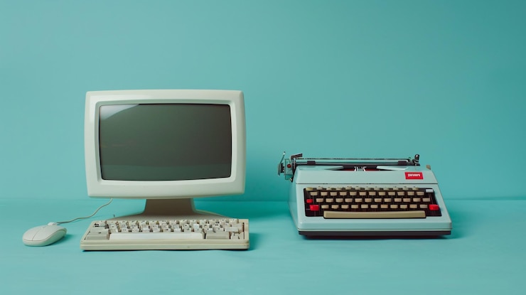 Foto comparación entre la tecnología antigua y la nueva una computadora moderna y una máquina de escribir