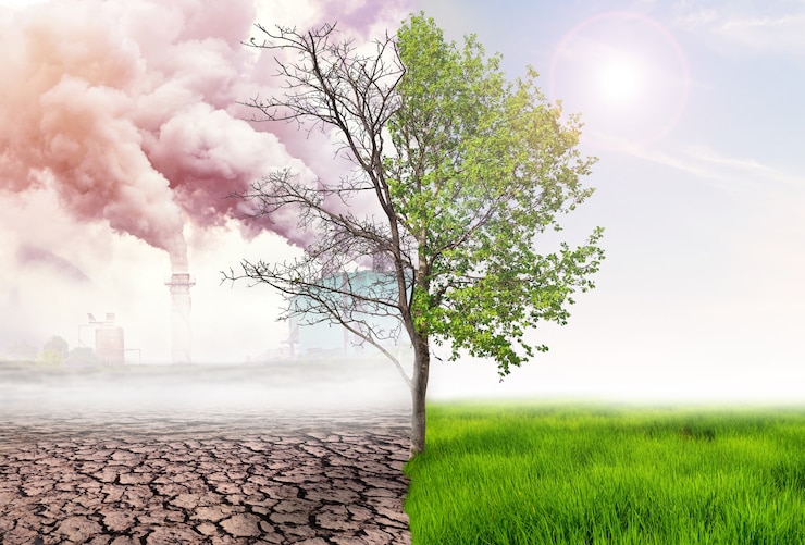 Foto comparando a terra verde e o efeito da poluição do ar por ação humana, conceito de aquecimento global, árvore verde e terra verde com luz e terra árida com poluição do ar ao fundo