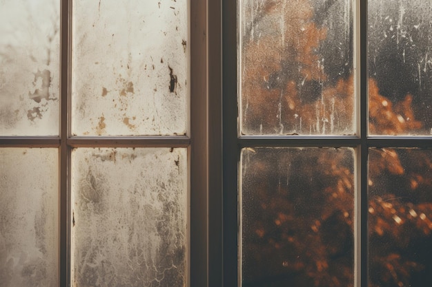 Comparando el estado de una ventana antes y después de la limpieza, podemos observar los efectos de la condensación y el moho negro en un marco de ventana sucio durante la temporada de invierno desde el interior de una casa.