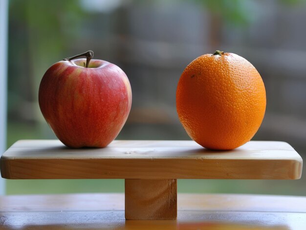 Foto comparar maçãs a laranjas metafora em fundo vermelho um equilíbrio de frutas vermelhas desequilibradas para