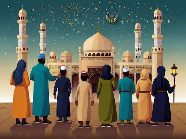 Comparte la alegría del Eid con ilustraciones vibrantes de las comunidades musulmanas de todo el mundo que se reúnen en c