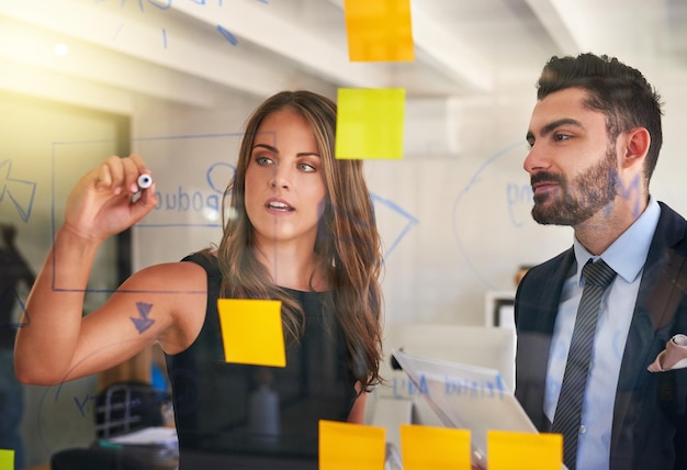 Foto compartiendo su visión con un colega foto de una joven empresaria presentando una idea a su colega usando una pared de vidrio y notas adhesivas en la oficina