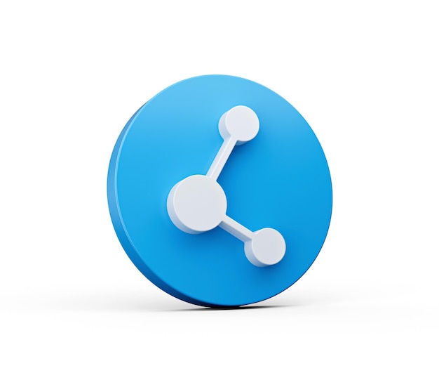 Compartilhe o ícone 3d na forma de círculo de botão azul isolado na ilustração 3d de fundo branco