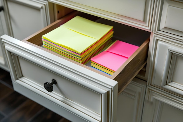 Foto compartimento de gaveta com notas adesivas cuidadosamente empilhadas