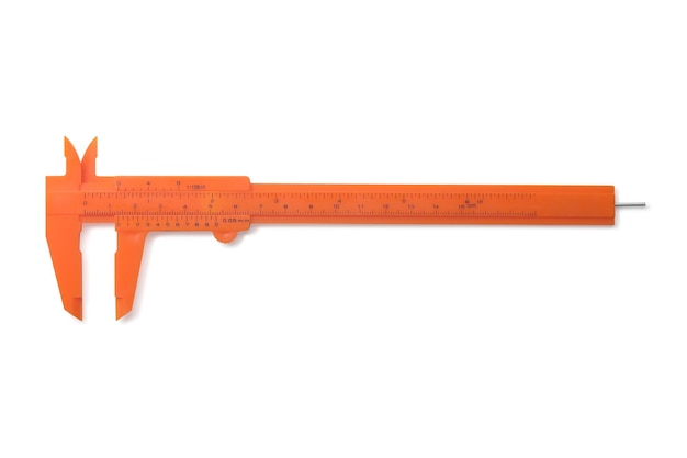 Compasso de calibre vernier plástico laranja no fundo branco