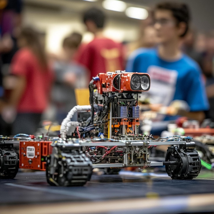 Foto una competencia de robótica con equipos que muestran sus diseños y capacidades de robots